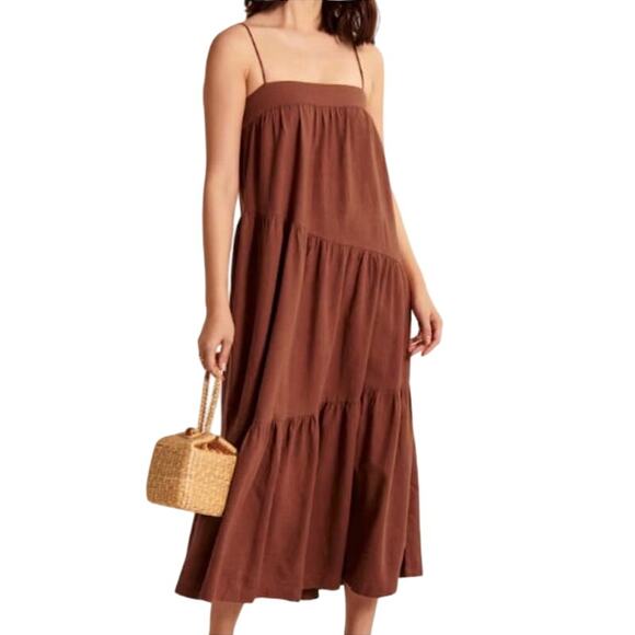 Abercrombie Asymmetrical Linen Blend Tiered Maxi Dress in Orange Size LP - Picture 3 of 12